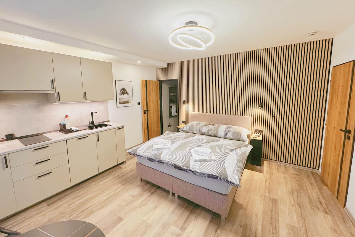 Une chambre à coucher moderne avec un lit, une table de chevet et une armoire intégrée.