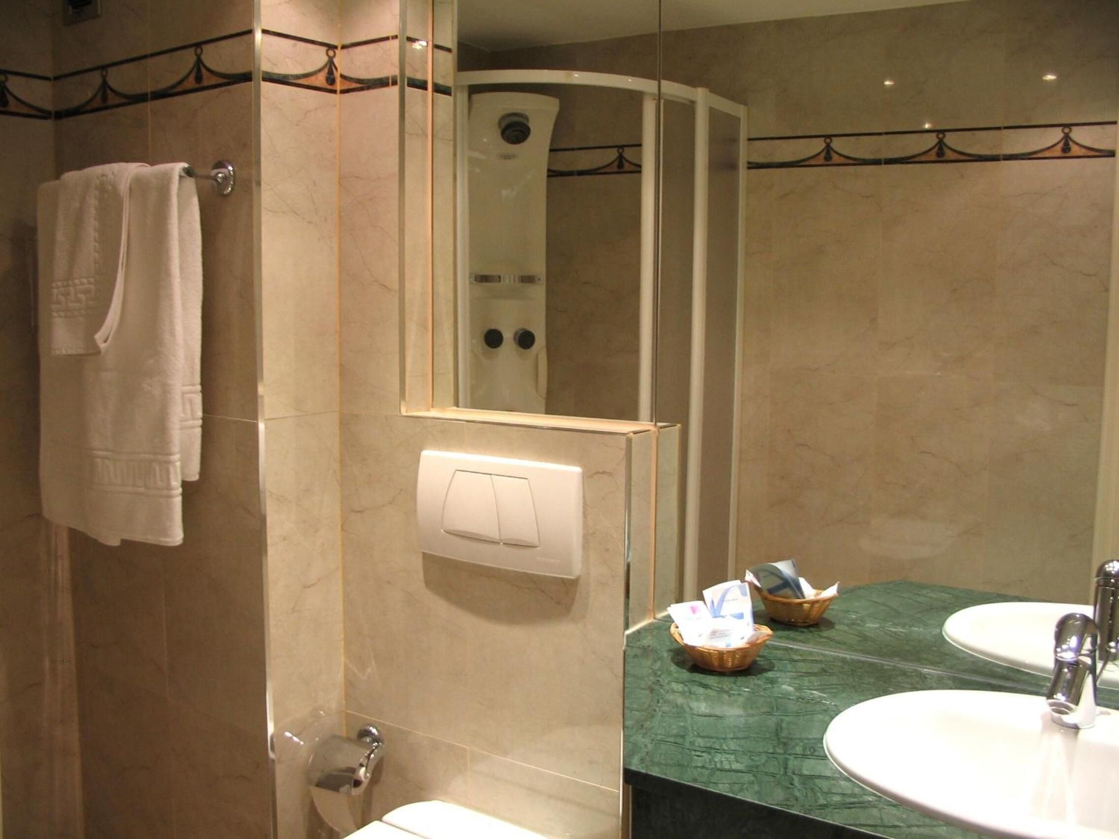 free toiletries, hair dryer, towels