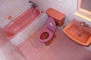 Combined shower/bathtub, slippers, towels