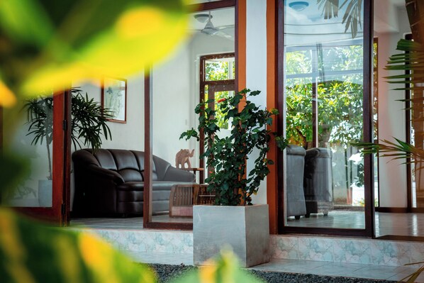 Una sala de estar moderna con un sofá de cuero, una planta en maceta y un amplio ventanal con vistas al verdor exterior.
