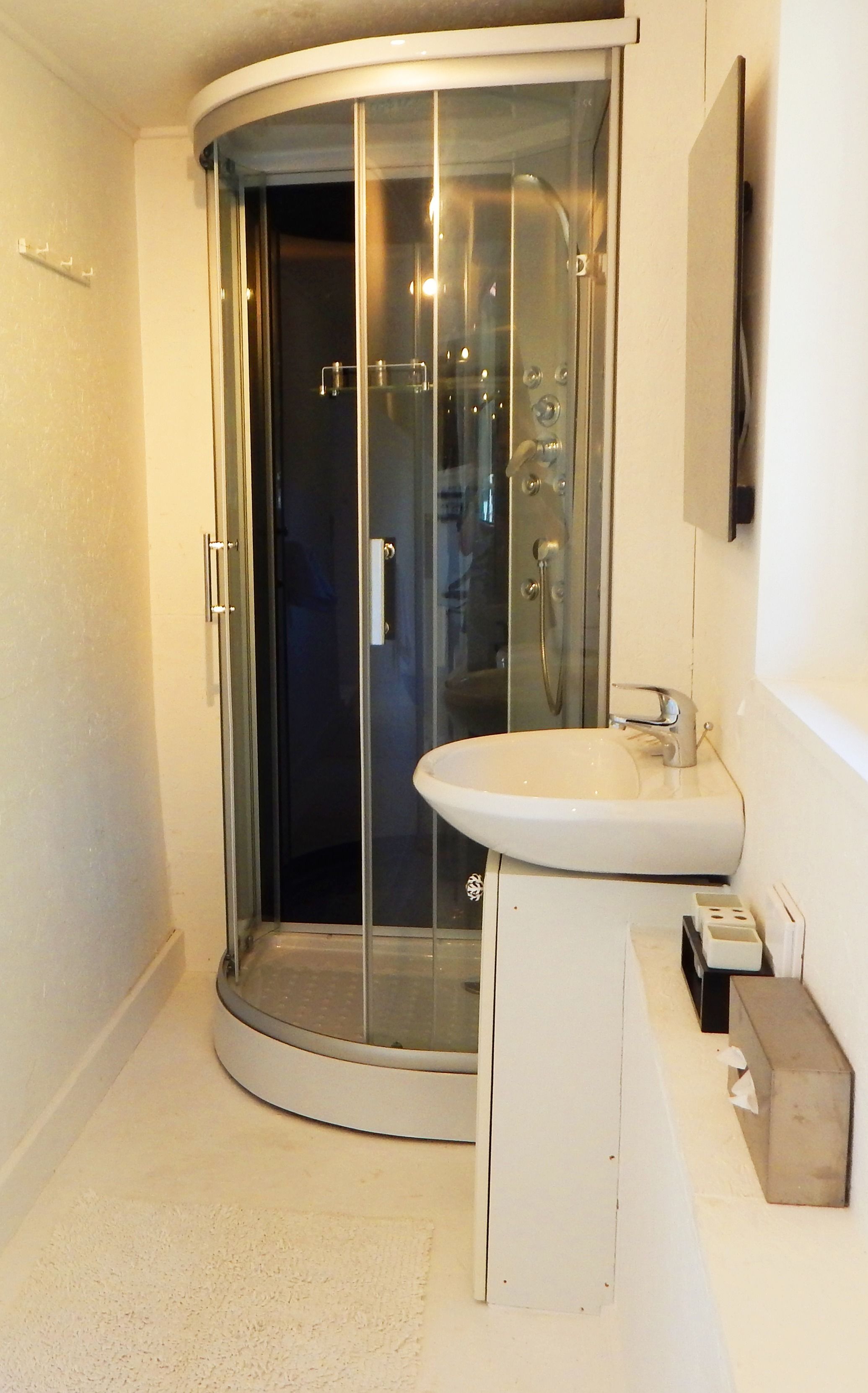 A modern bathroom with a glass-enclosed shower, a white sink, and a mirror above it.