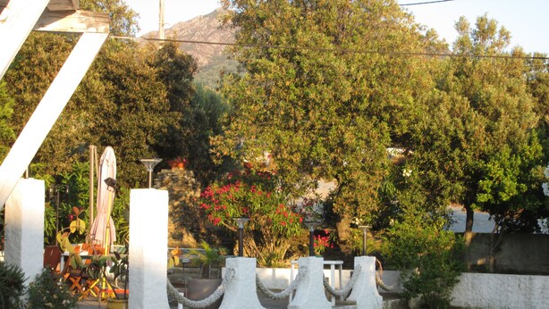 A garden with white stone structures, potted plants, and a view of trees and hills in the background. - Résidence Anna (Centuri)