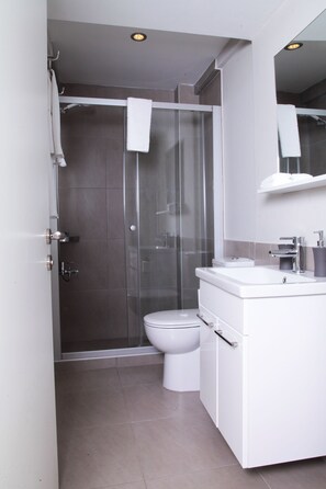 Habitación estándar doble | Baño | Ducha, artículos de higiene personal gratuitos y secador de pelo