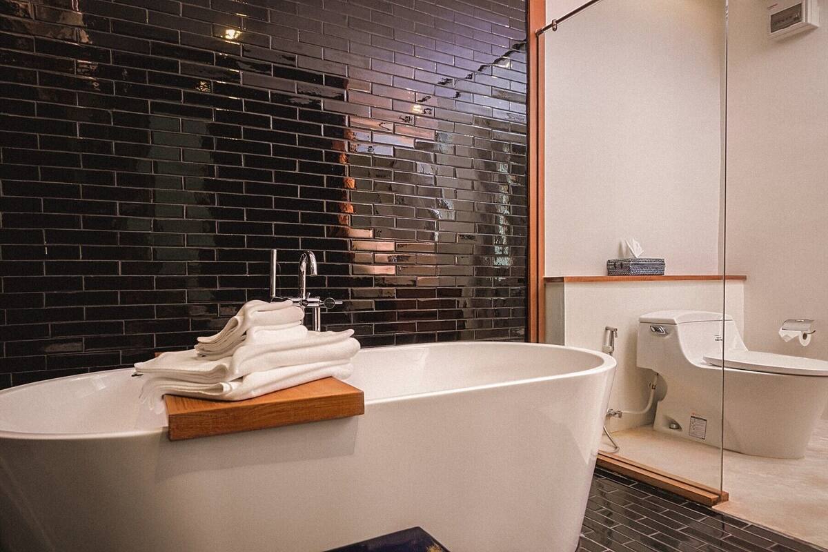 room | bathroom | shower, free toiletries, hair dryer, slippers