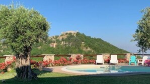 A pool area with a stone wall, a tree, and a view of a hill with a building on top.