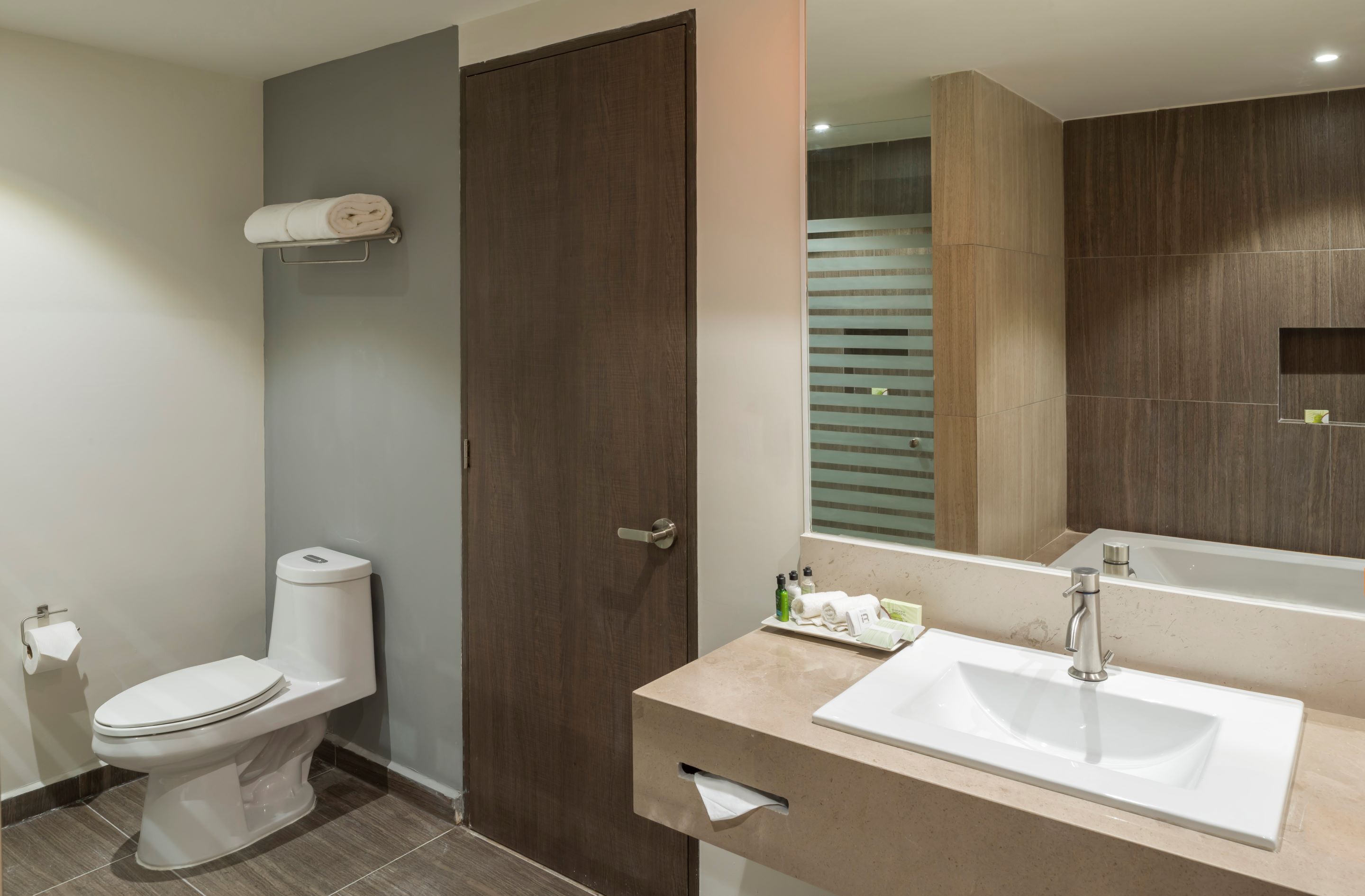 A modern bathroom with a toilet, sink, and mirror.