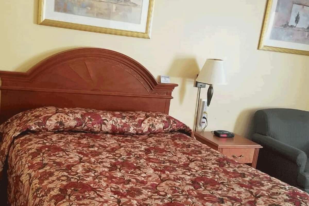Habitació d'hotel amb llit de fusta, estores florals, dos quadres a la paret, una làmpada de nit i una cadira.