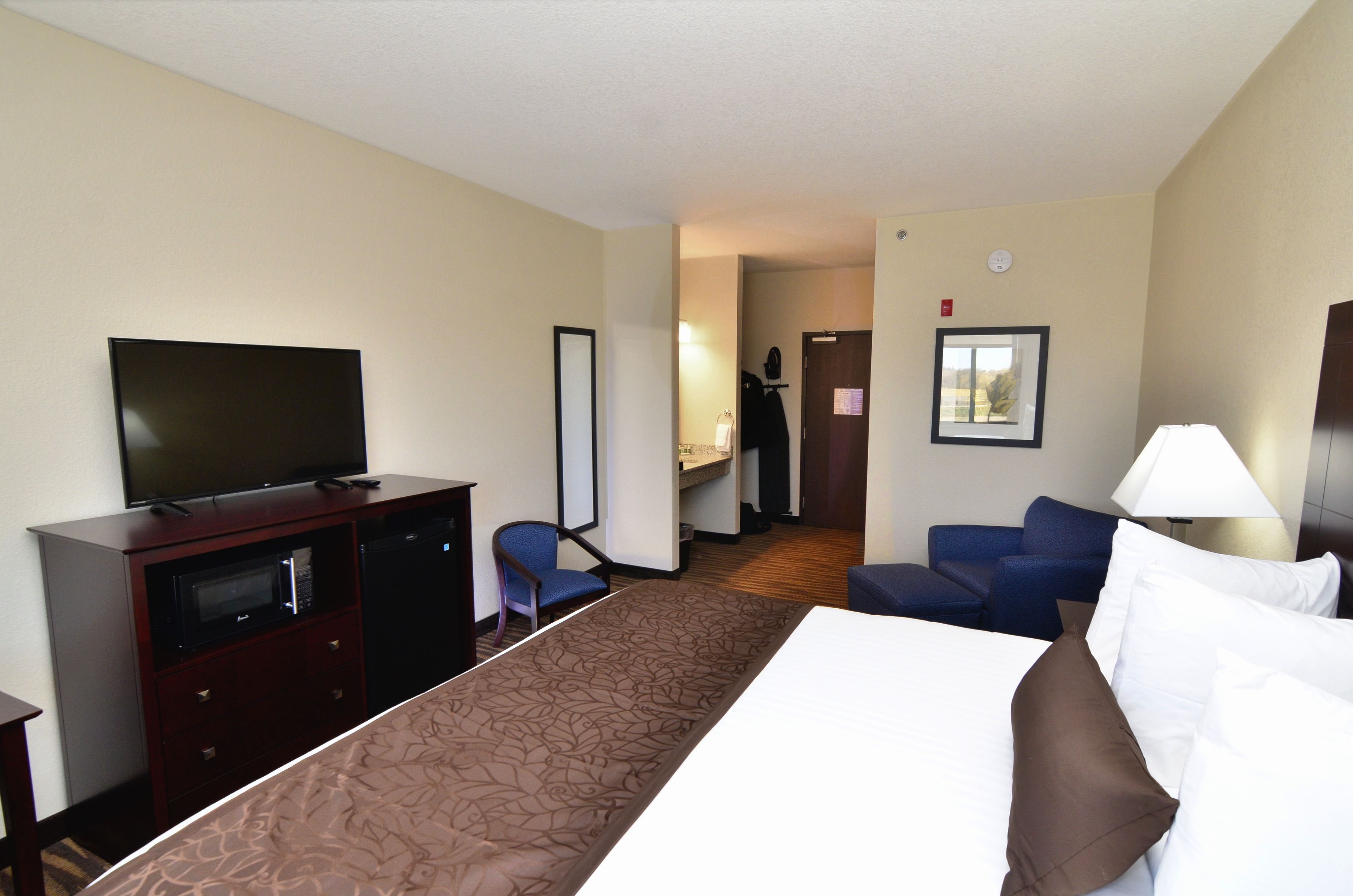 A hotel room with a bed, a TV, a desk with a microwave, a chair, and a sofa.