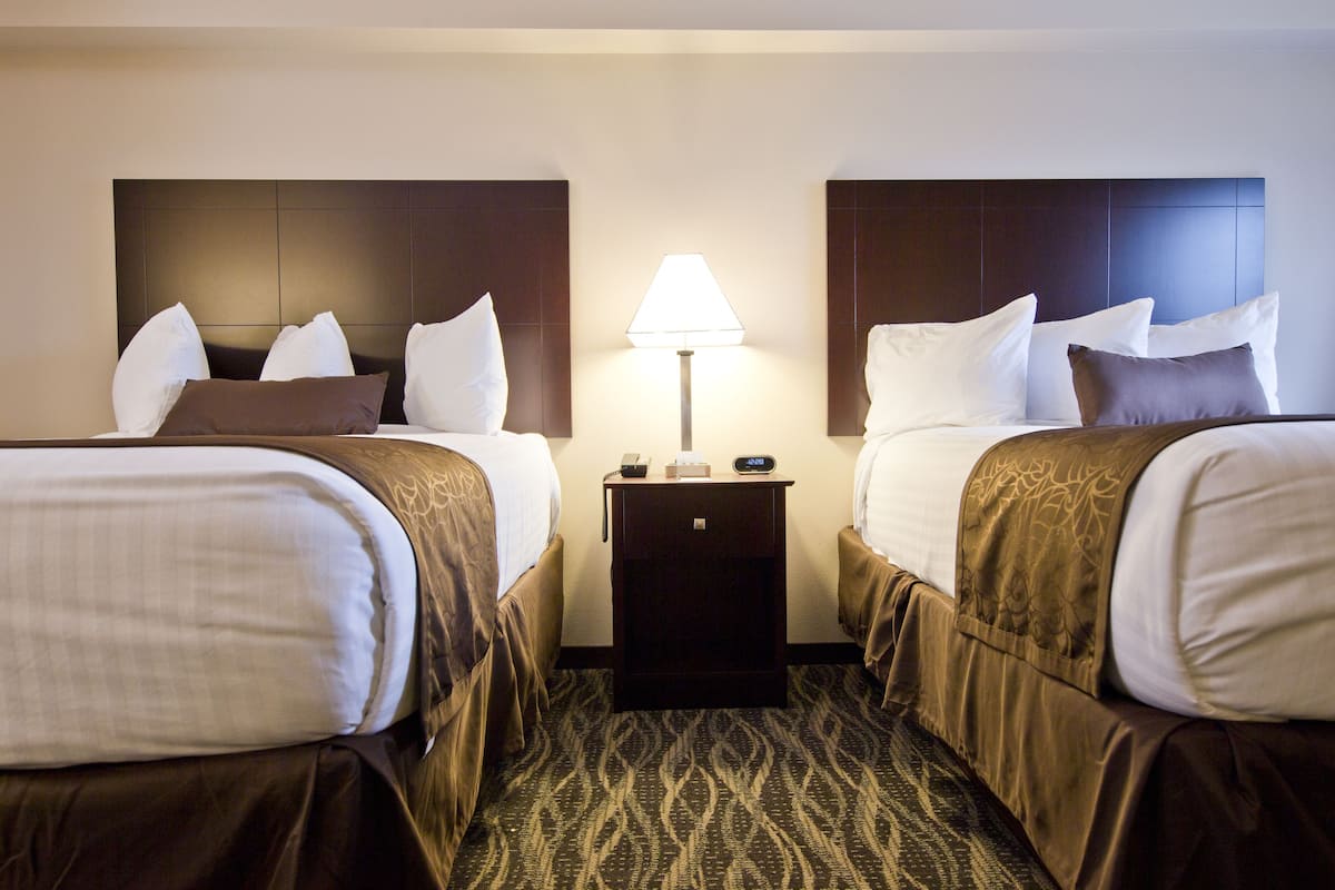 Ein Hotelzimmer mit zwei Betten, einem Nachttisch mit Lampe und einem gemusterten Teppich.