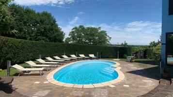 Seasonal outdoor pool, open 10:00 AM to 9:00 PM, pool loungers