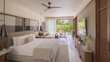 Premium bedding, free minibar items, in-room safe, laptop workspace