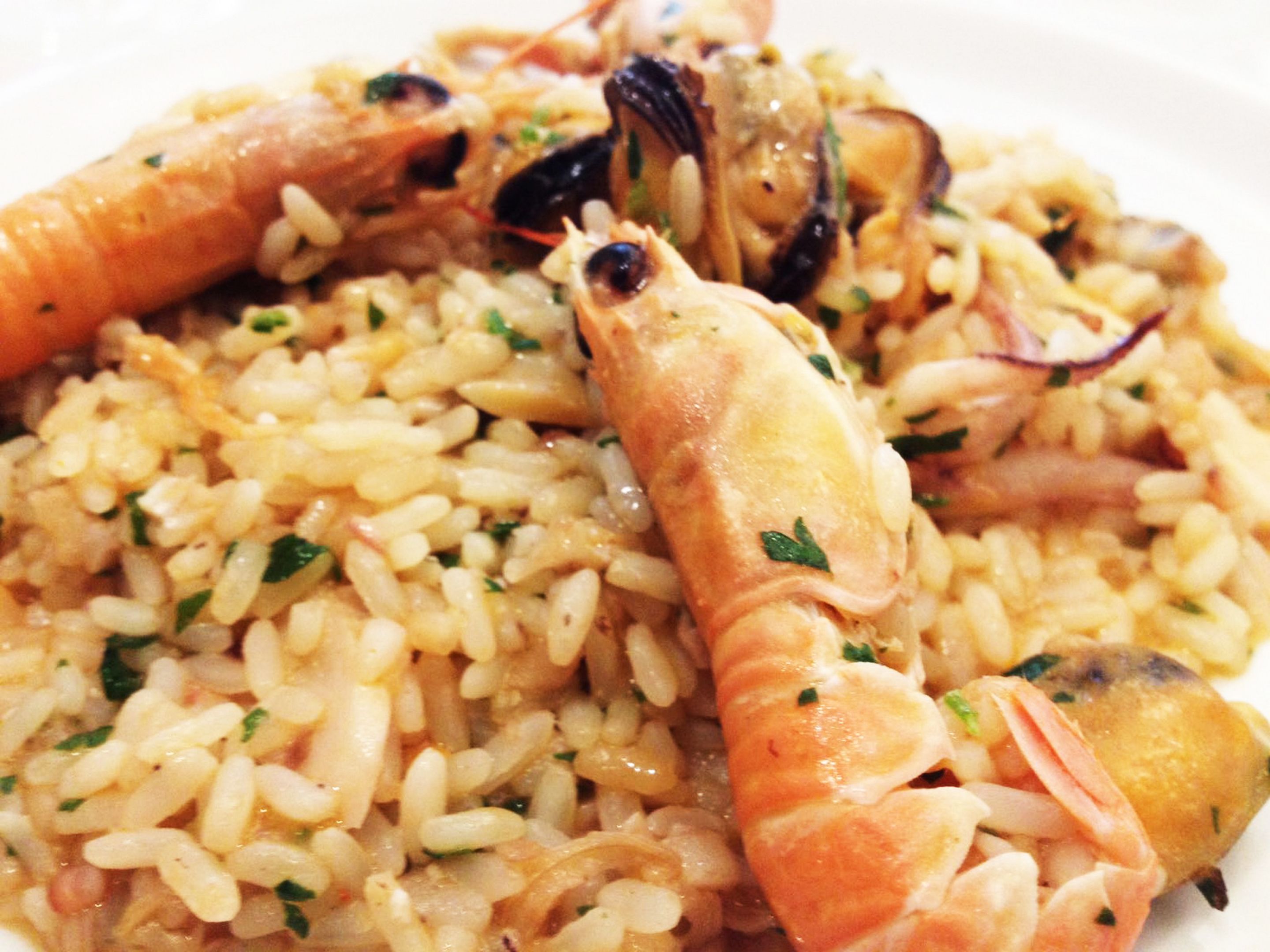 A plate of seafood paella with shrimp and mussels.
