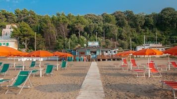 Ein Strand mit Reihen grüner und roter Liegestühle, orangefarbener Sonnenschirme und einer Holzterrasse, die zu einem Gebäude mit einem Schild führt.