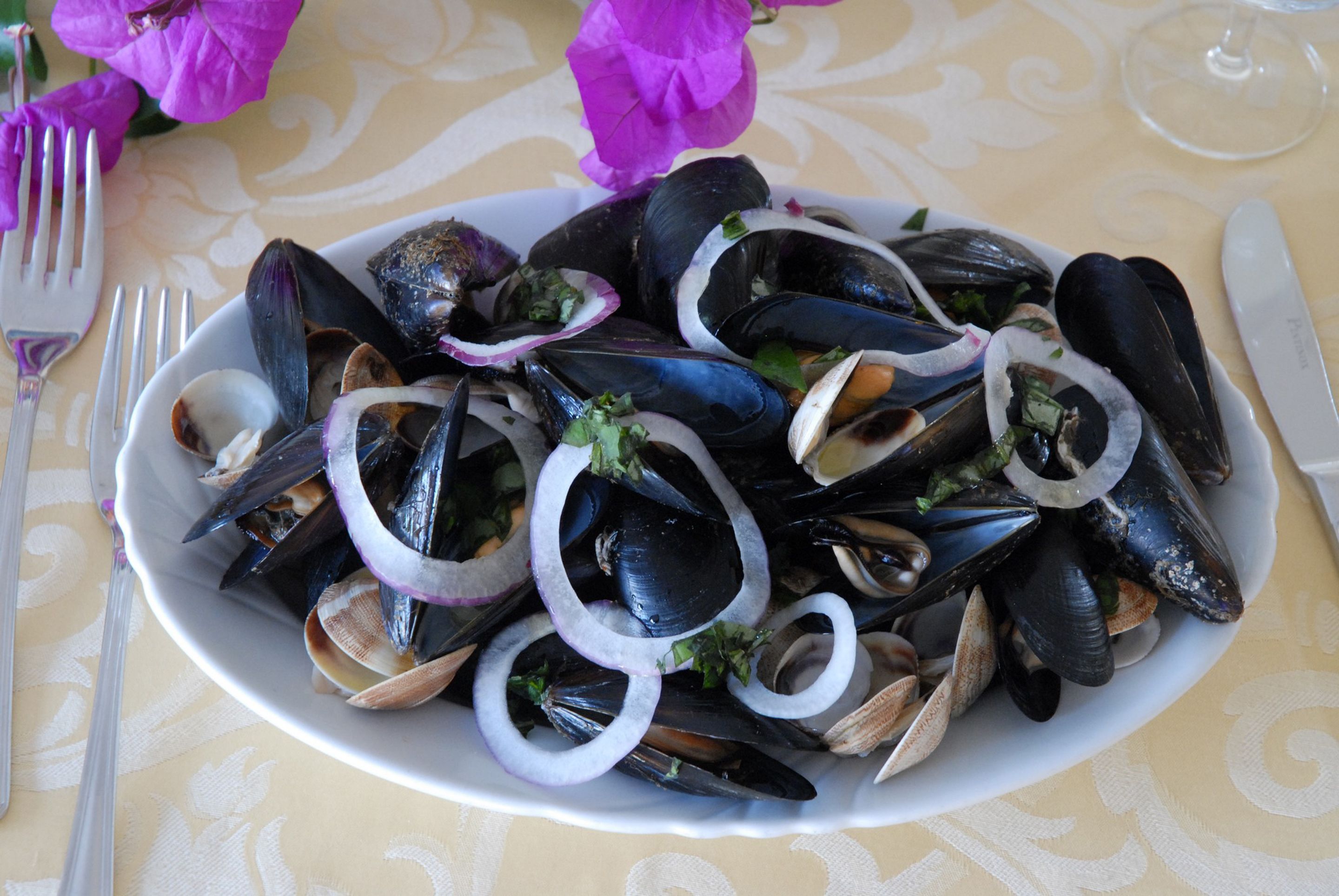 Une assiette de moules, garnie d’oignons émincés et d’herbes aromatiques.