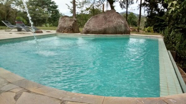 Outdoor pool, pool umbrellas, pool loungers