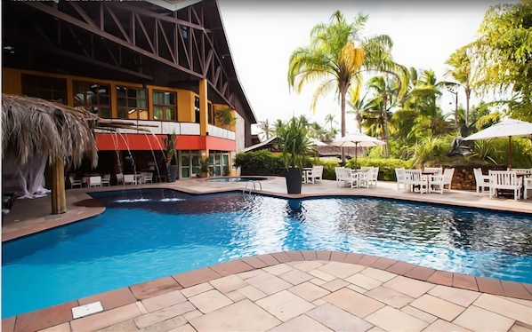 Outdoor pool, pool umbrellas, pool loungers