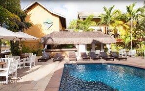 Outdoor pool, pool umbrellas, pool loungers