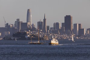 A city skyline with modern buildings and a body of water with boats. - Waters Edge Hotel (Tiburon)