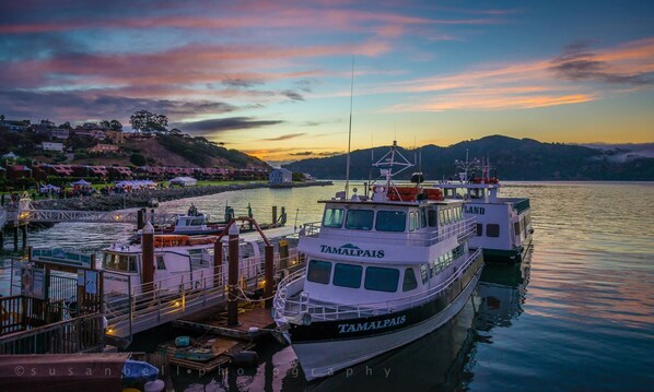 A boat named 'Tamalpais' docked at a pier with a scenic sunset view in the background. - Waters Edge Hotel (Tiburon)
