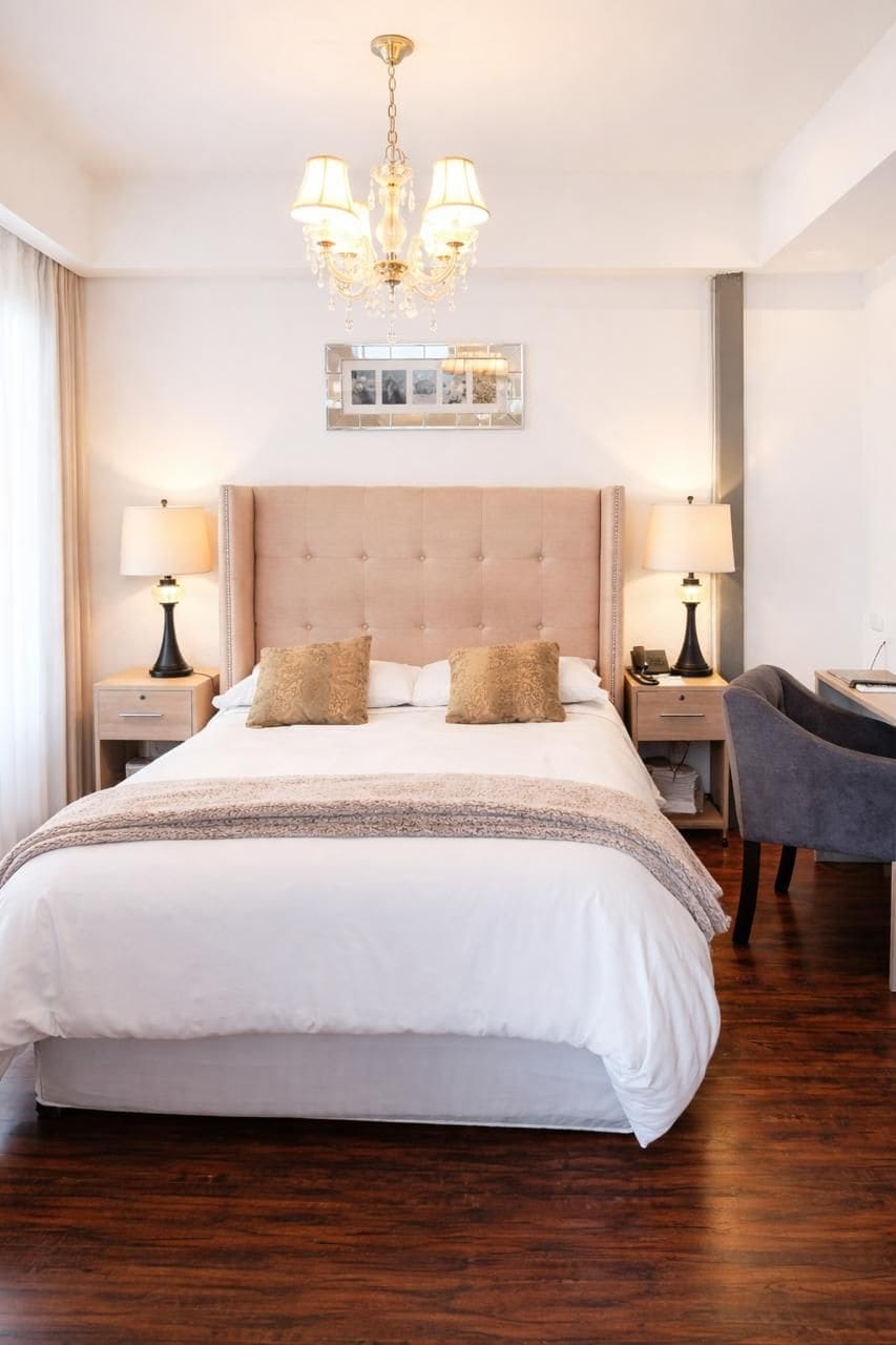A hotel room with a large bed, two bedside tables with lamps, a chandelier, and a mirror on the wall.