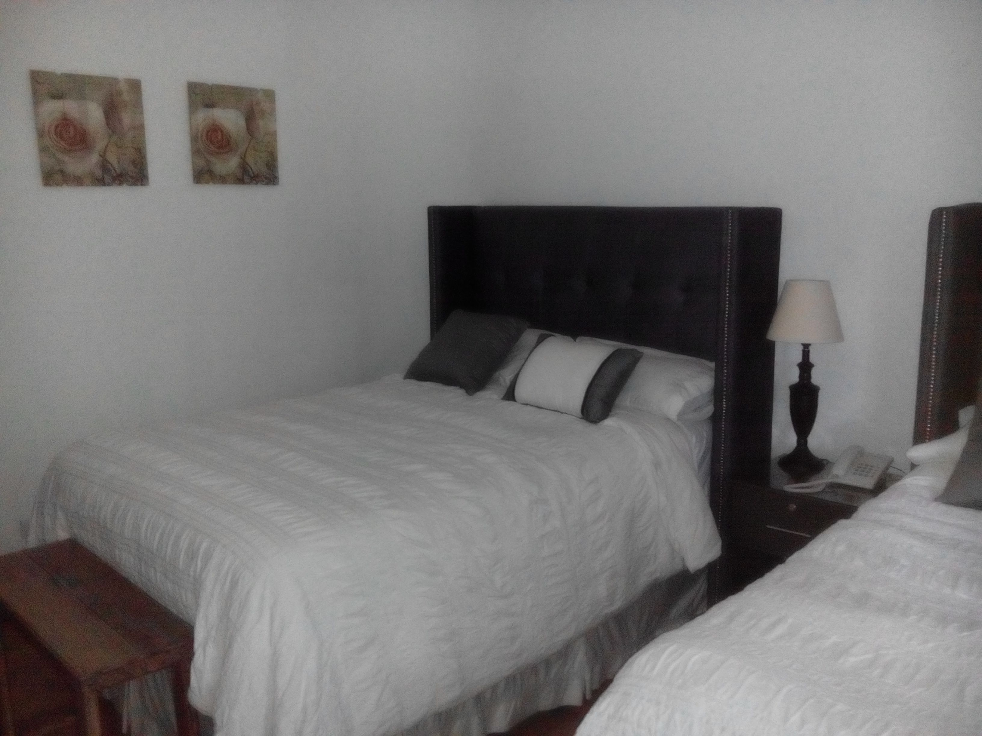 Una cama doble con cabecera oscura, una mesita de noche con lámpara y dos cuadros colgados en la pared.