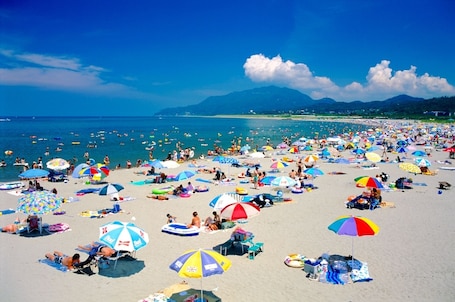 On the beach, beach umbrellas, beach volleyball