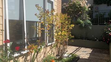 Een woongebouw met grote ramen, een tuin met verschillende planten en bloemen, en een betonnen pad.