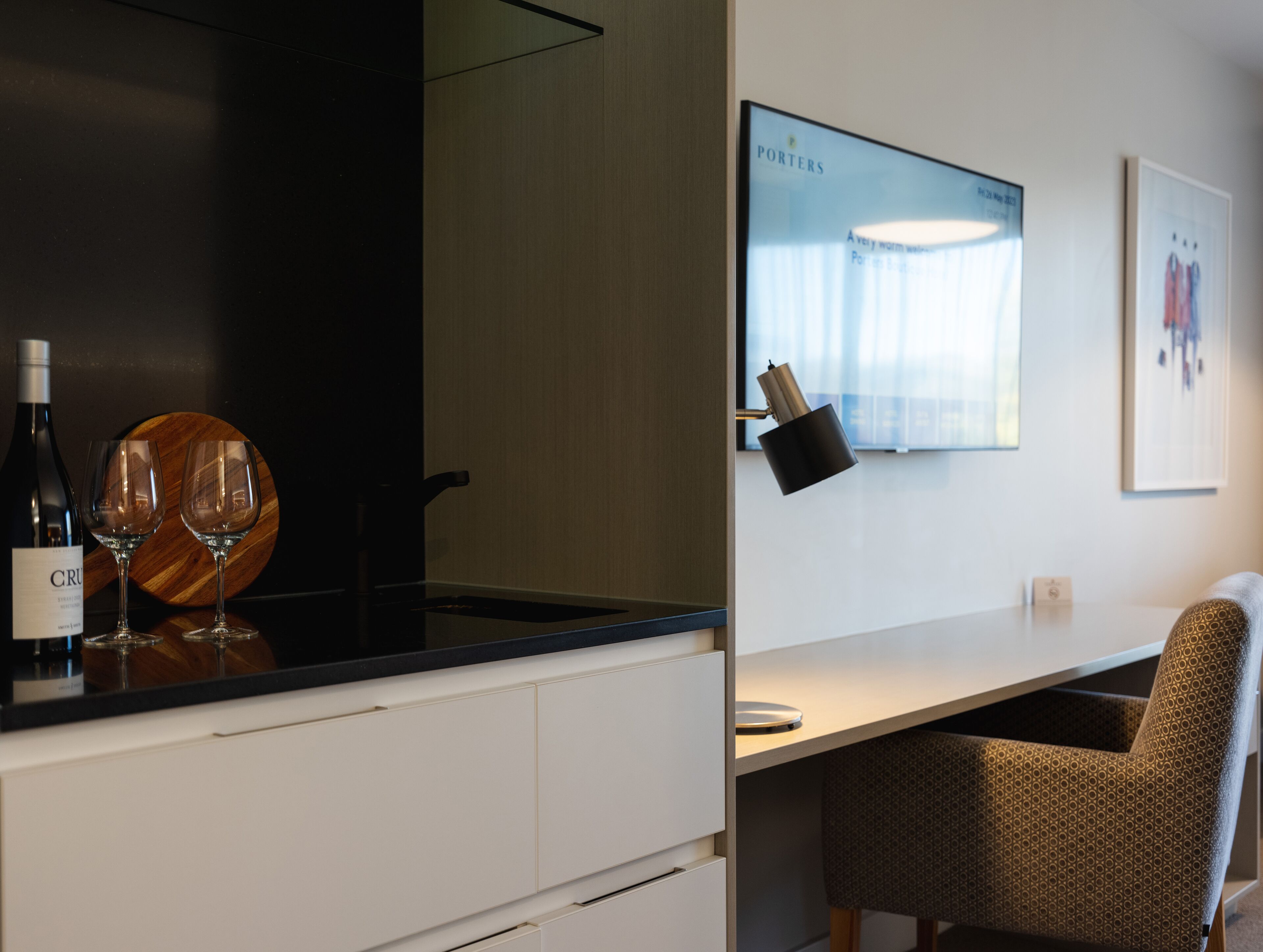 premium bedding, desk, blackout curtains, soundproofing