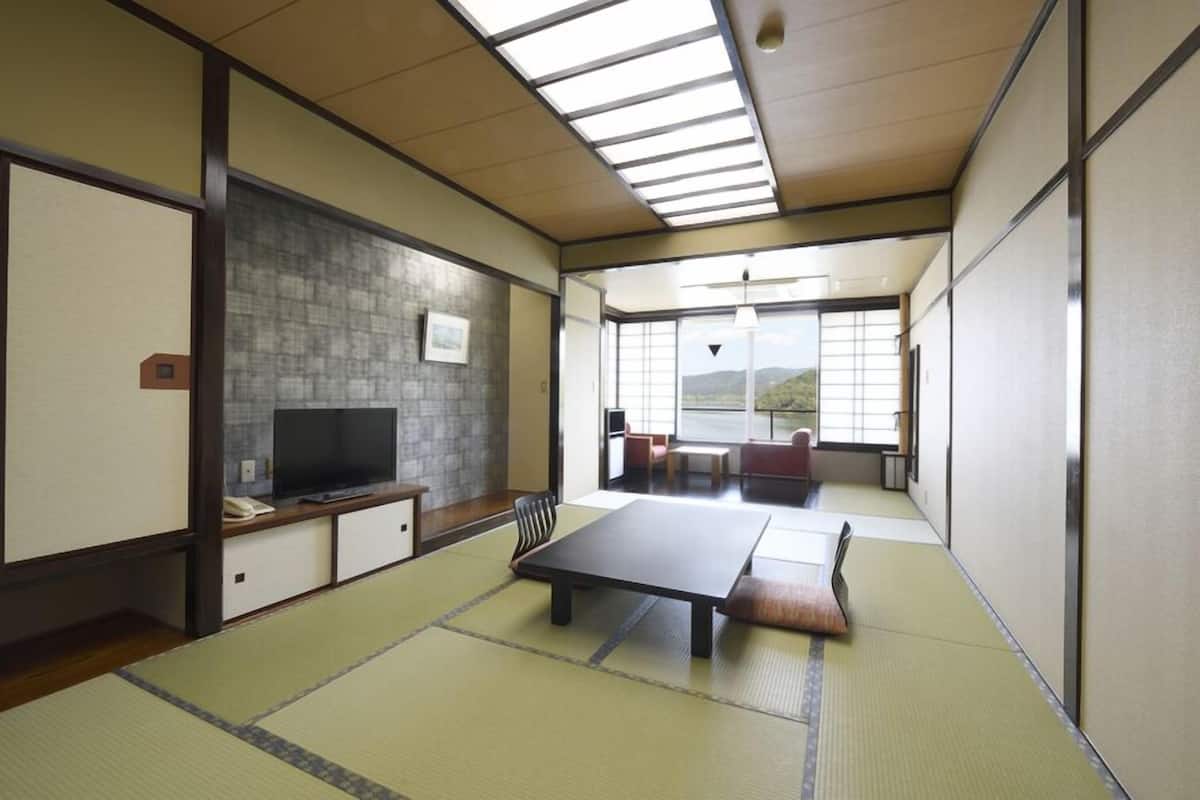 A tatami mat room with a television, a sofa, and a view of the outdoors.
