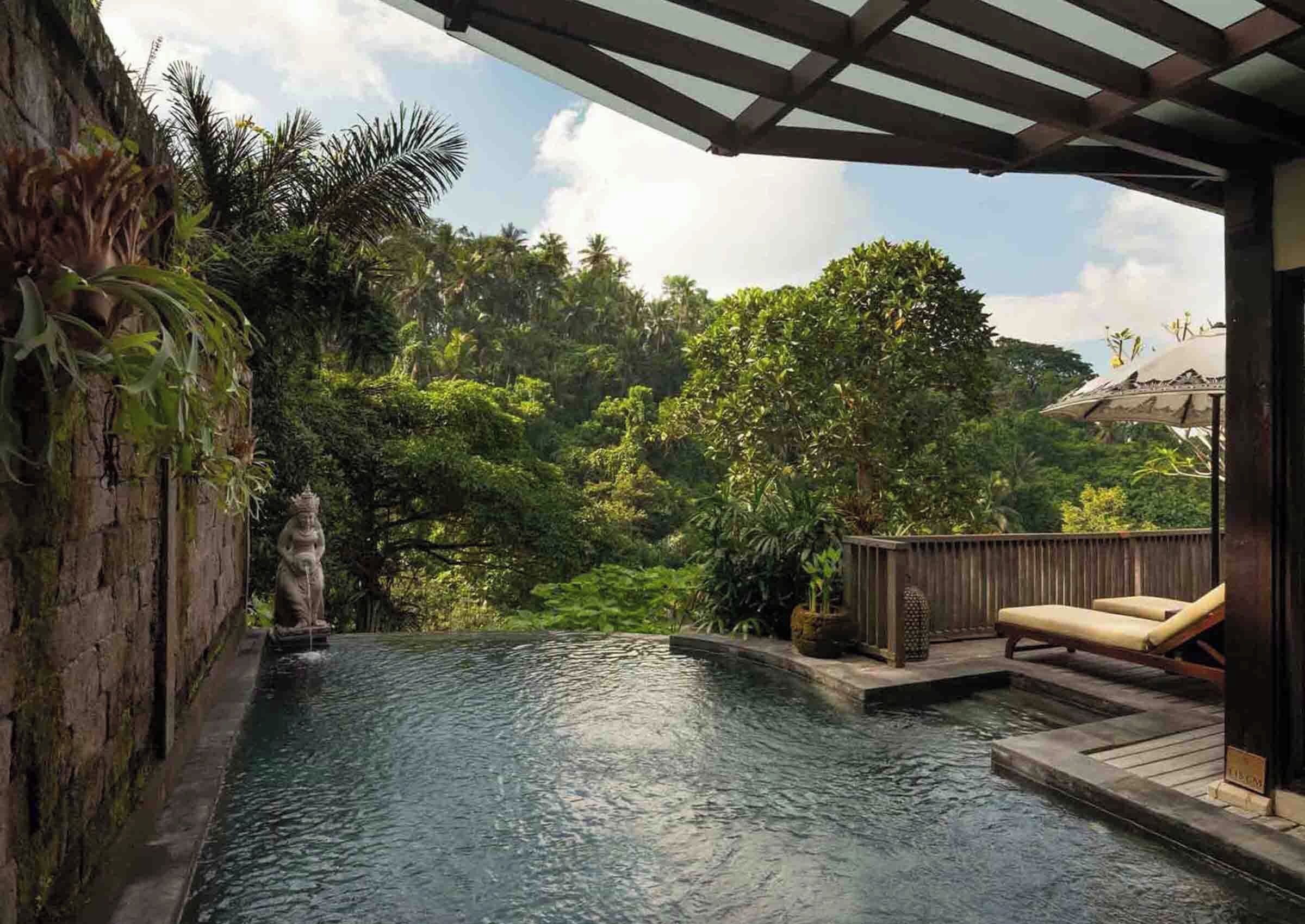 Un espace piscine paisible agrémenté d’une statue, d’une végétation luxuriante et d’une terrasse en bois avec des chaises longues.