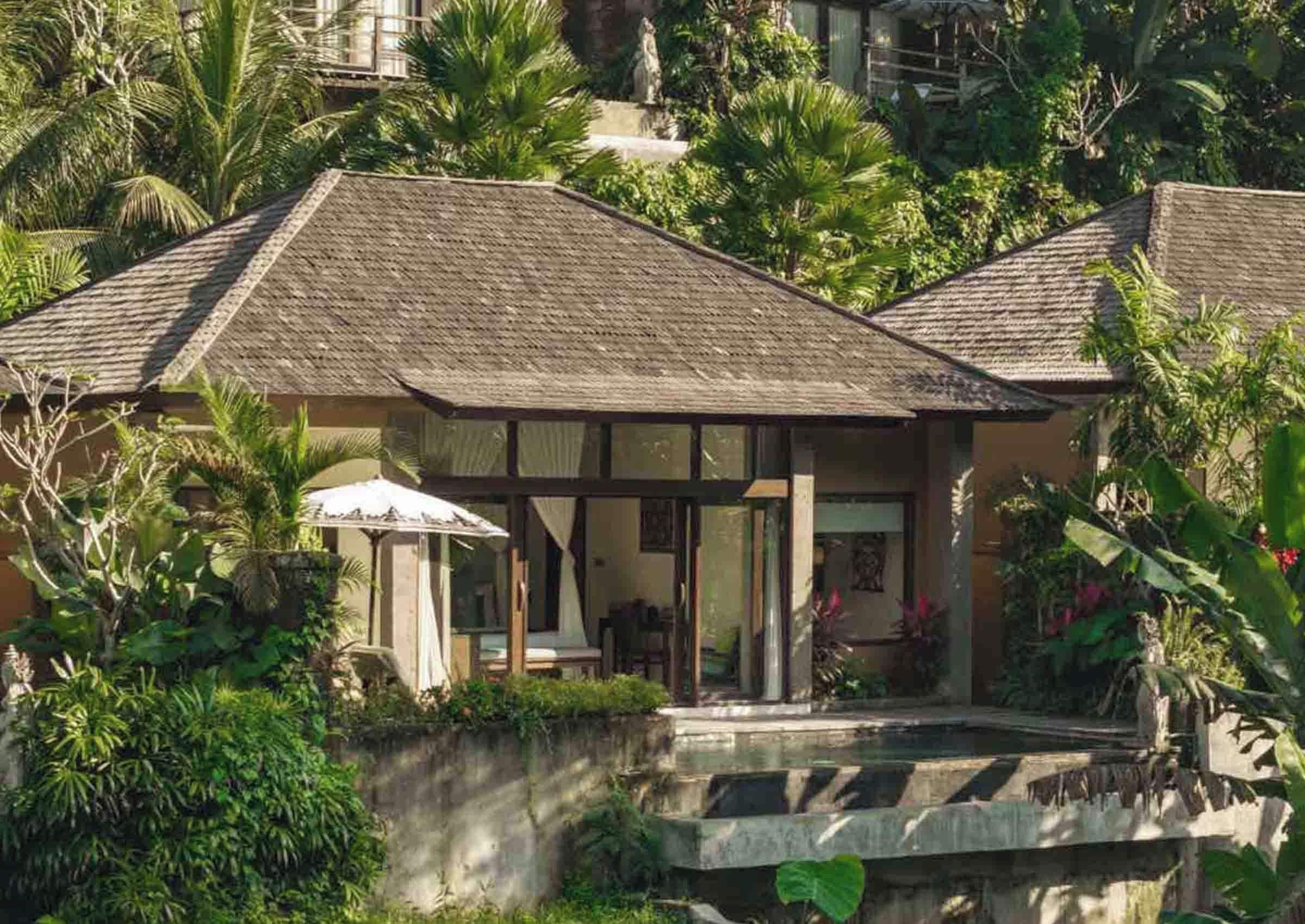 Uma casa de campo com telhado de palha, cercada por vegetação exuberante e uma pequena piscina.