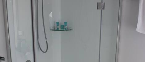 A modern bathroom with a glass-enclosed shower, a white sink, and a small shelf with toiletries.