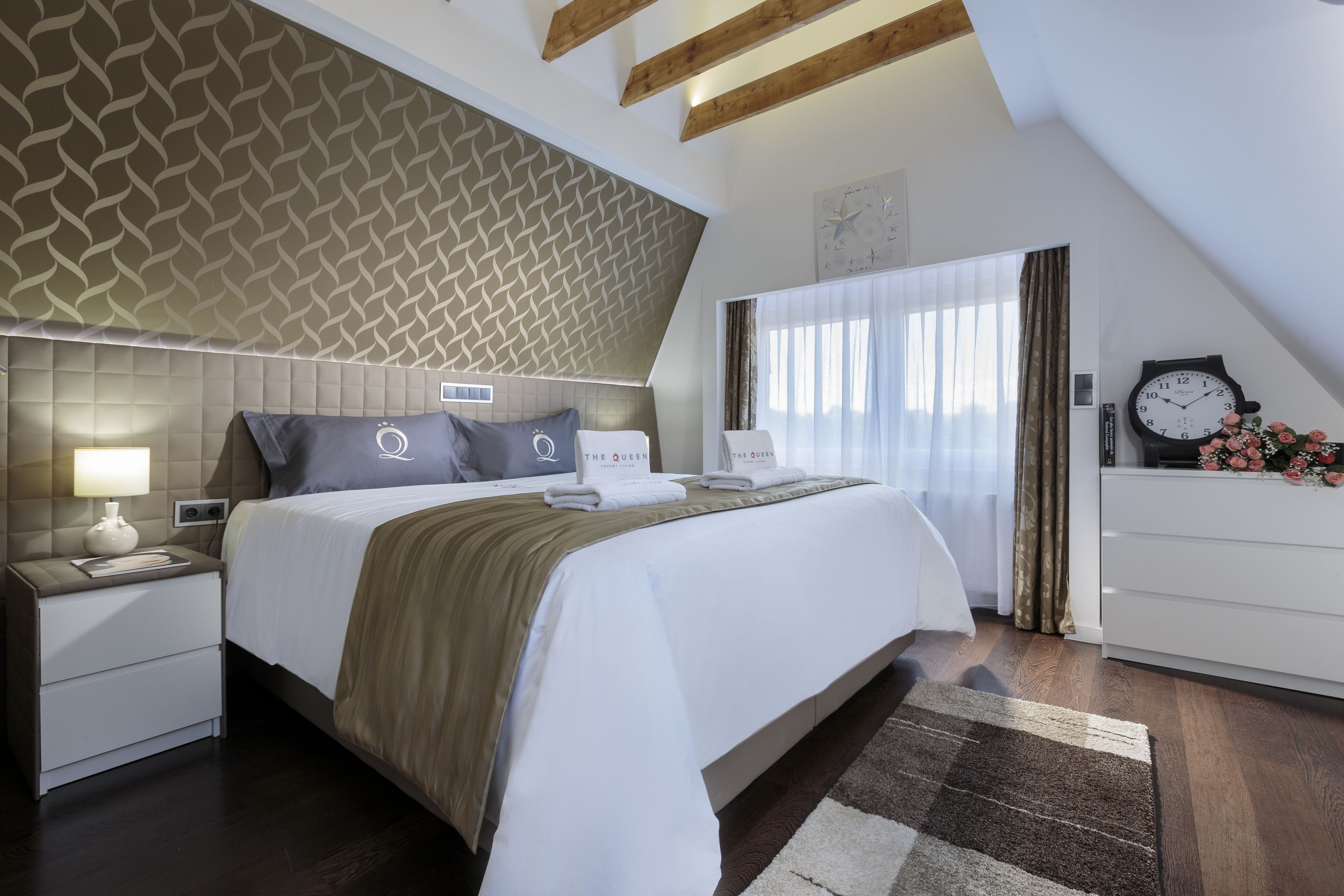 Desk, blackout drapes, soundproofing, iron/ironing board