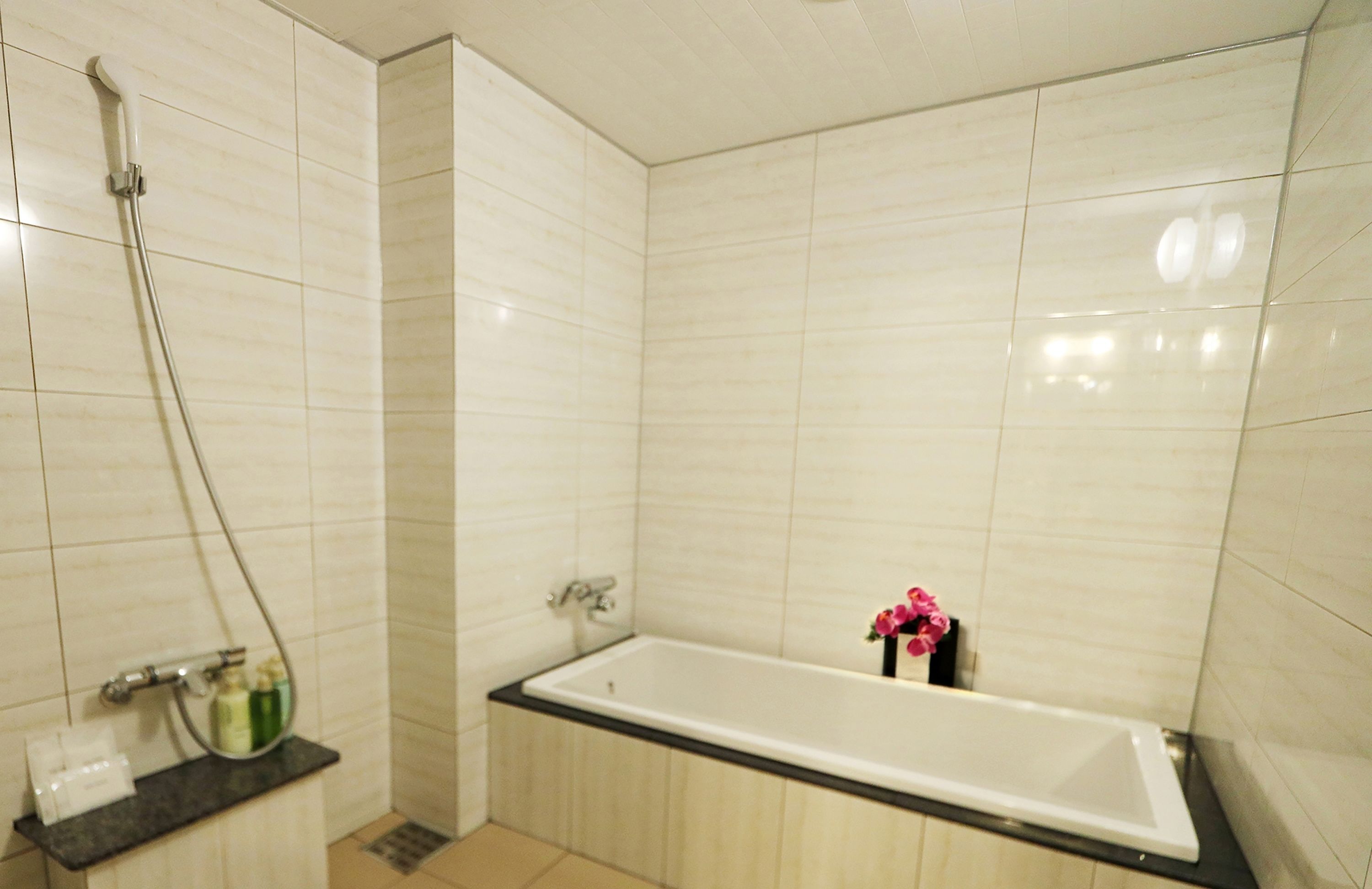 combined shower/bathtub, free toiletries, hair dryer, slippers