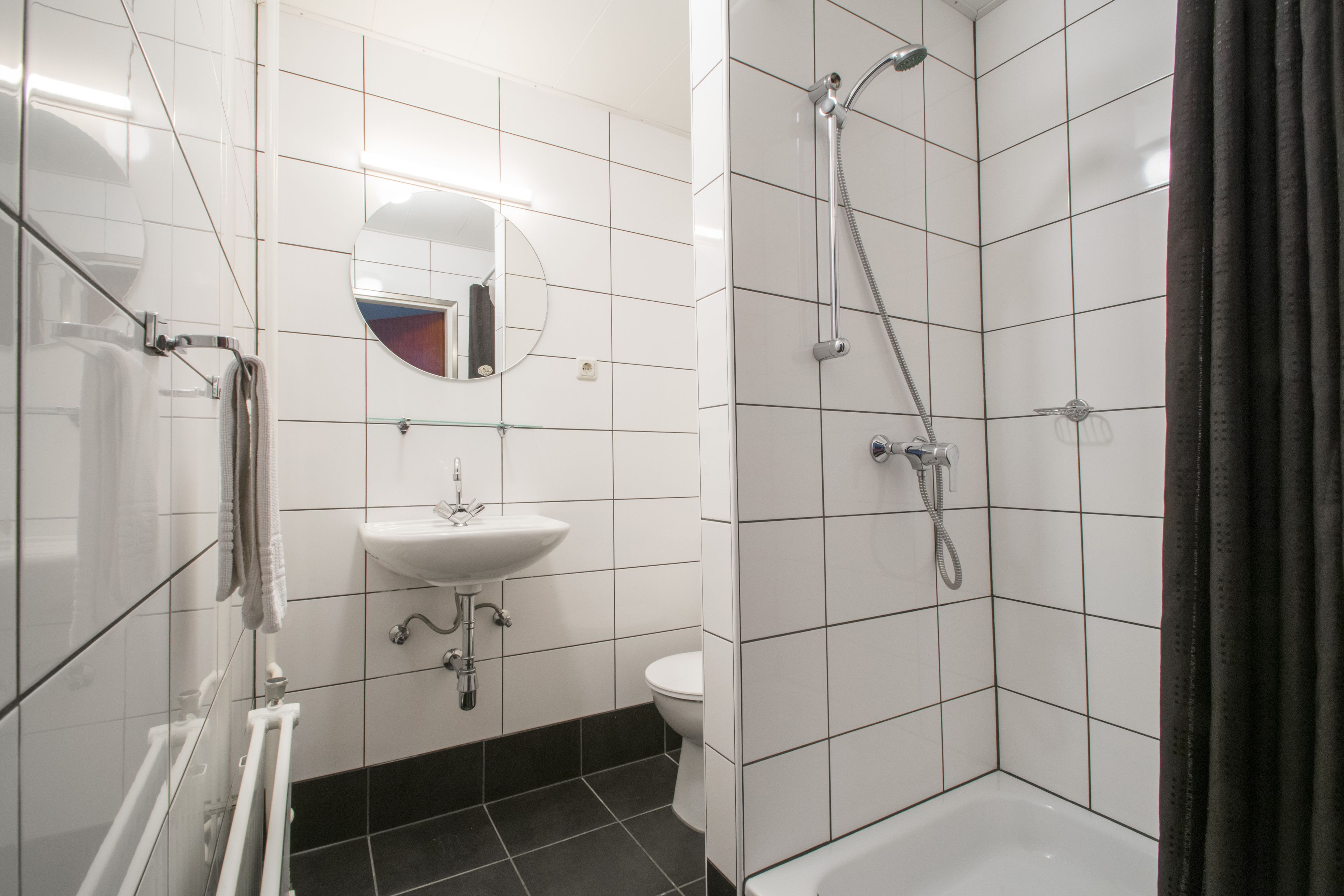 Un baño con lavamanos blanco, un espejo, inodoro y zona de ducha.