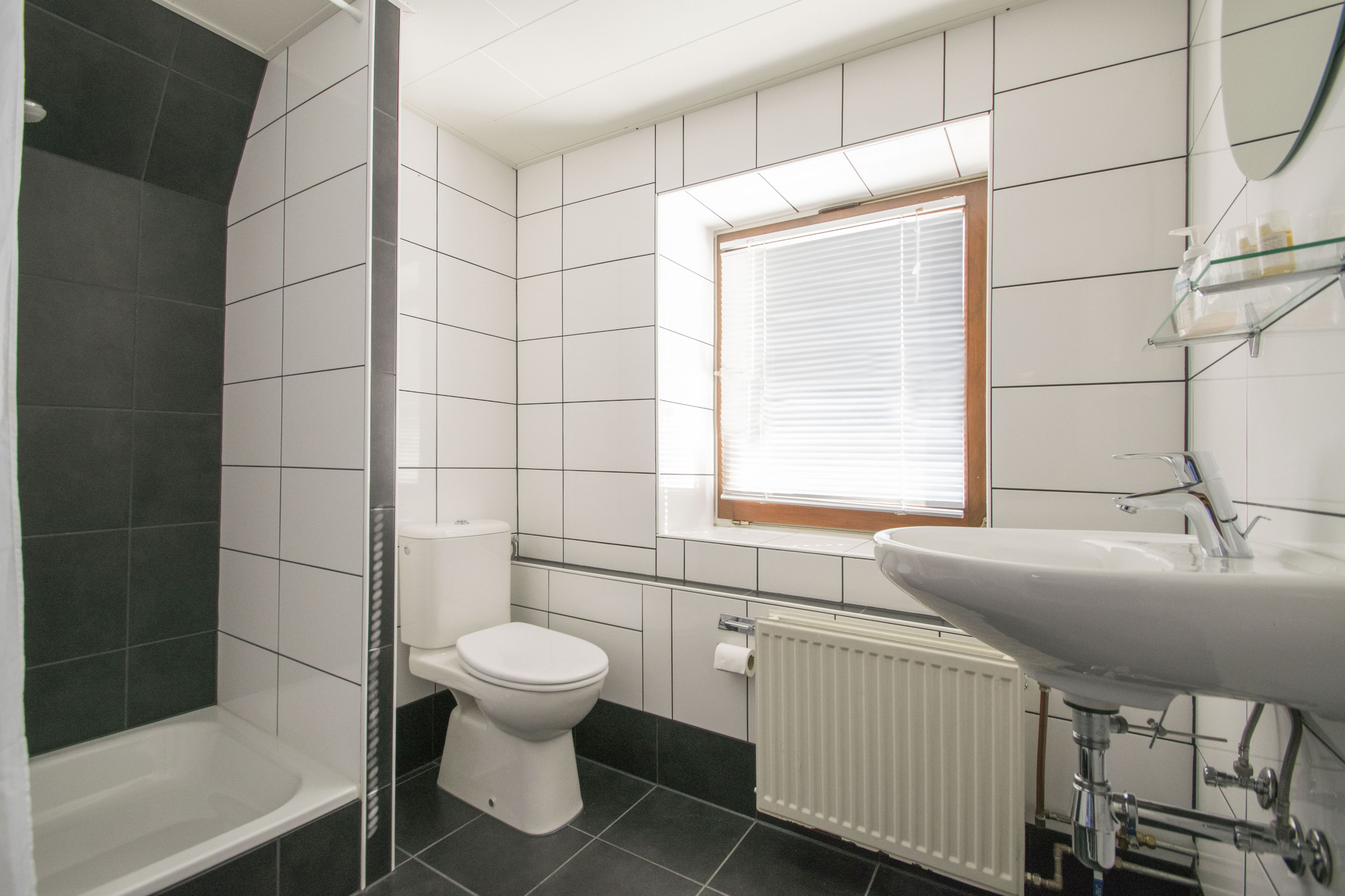 Een badkamer met een bad, toilet en wastafel.