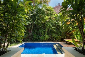 Outdoor pool, pool umbrellas, pool loungers