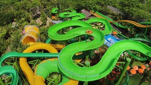 Parque acuático con múltiples toboganes de agua interconectados, en tonos verde y amarillo.