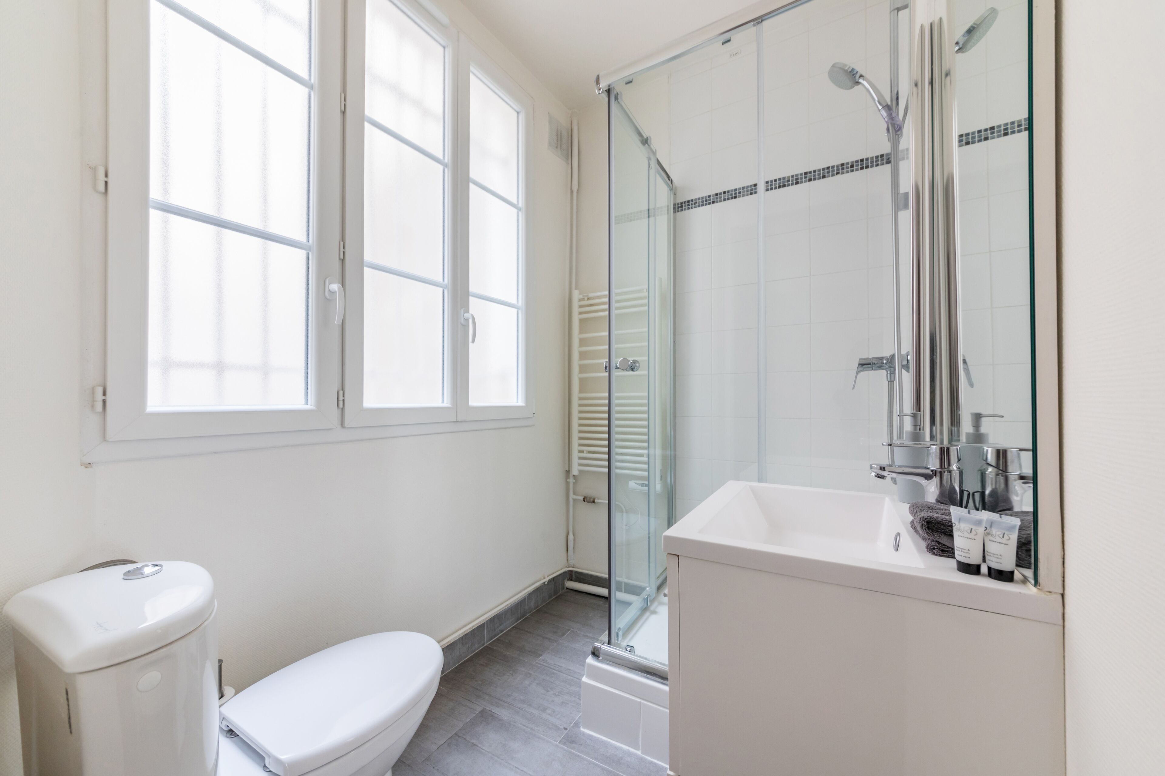 A modern bathroom with a glass shower enclosure, a white toilet, and a sink with toiletries.