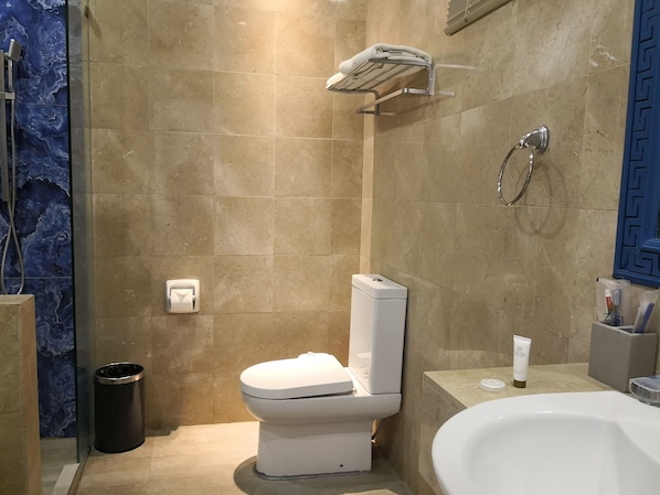 Un bagno moderno con toilette, bidet e doccia.