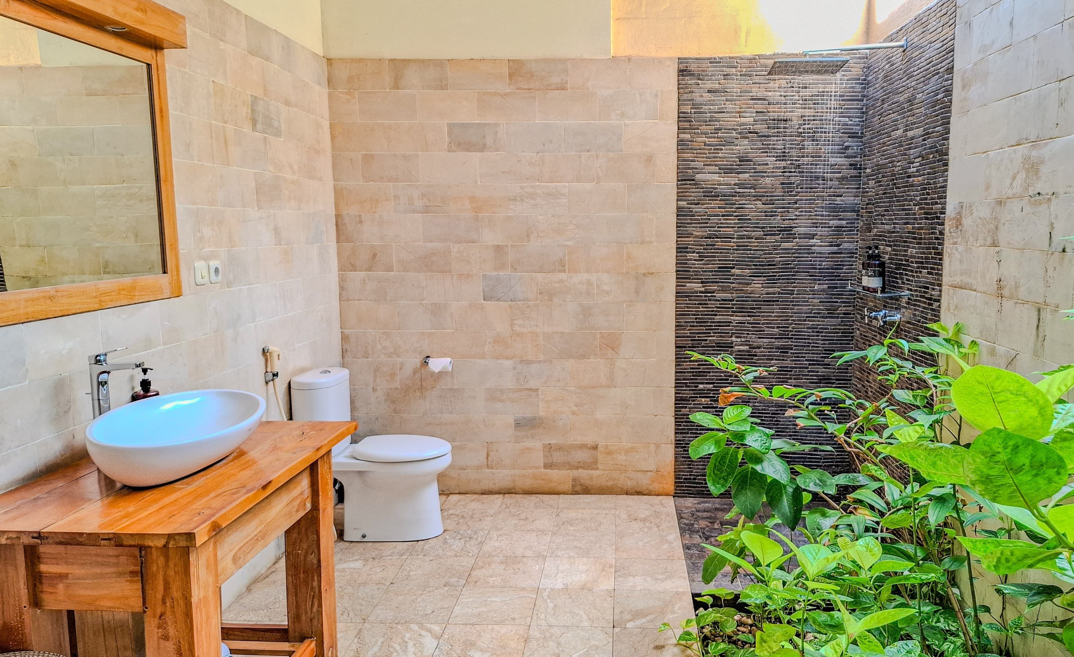 A bathroom with a wooden vanity, a white sink, and a toilet. There is a mirror above the vanity and a small plant in the corner.