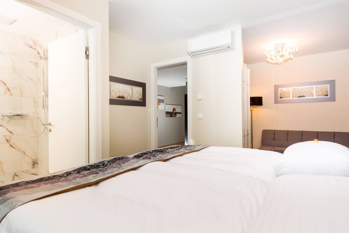 Une chambre d’hôtel avec un lit, une salle de bain avec douche et un couloir menant à une autre pièce.