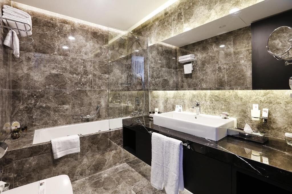 diamond deluxe suite | bathroom | shower, rainfall showerhead, free toiletries, hair dryer
