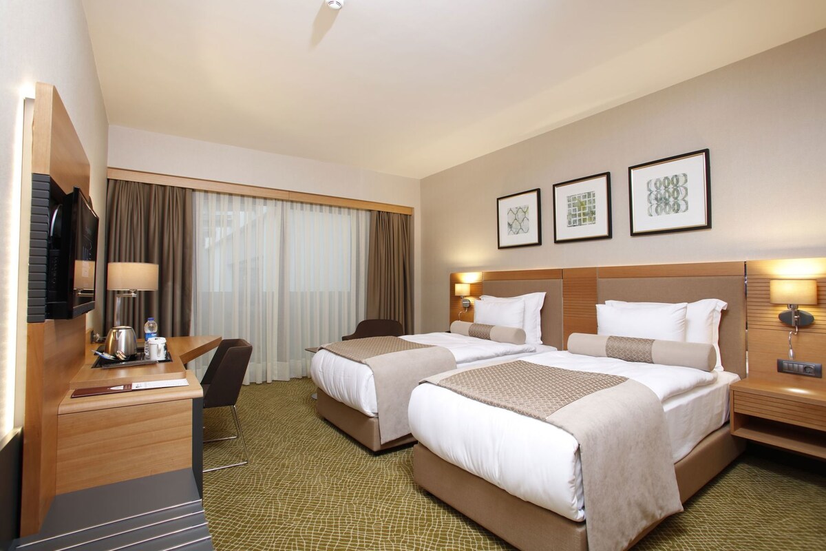 Hotelkamer met twee bedden, een bureau, een stoel, een televisie en een raam met gordijnen.