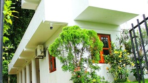 Un edificio blanco con un balcón, una ventana con marco rojo y un árbol en primer plano.