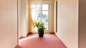 Een gang met een potplant, een deur en een raam met uitzicht op gebouwen en bergen.