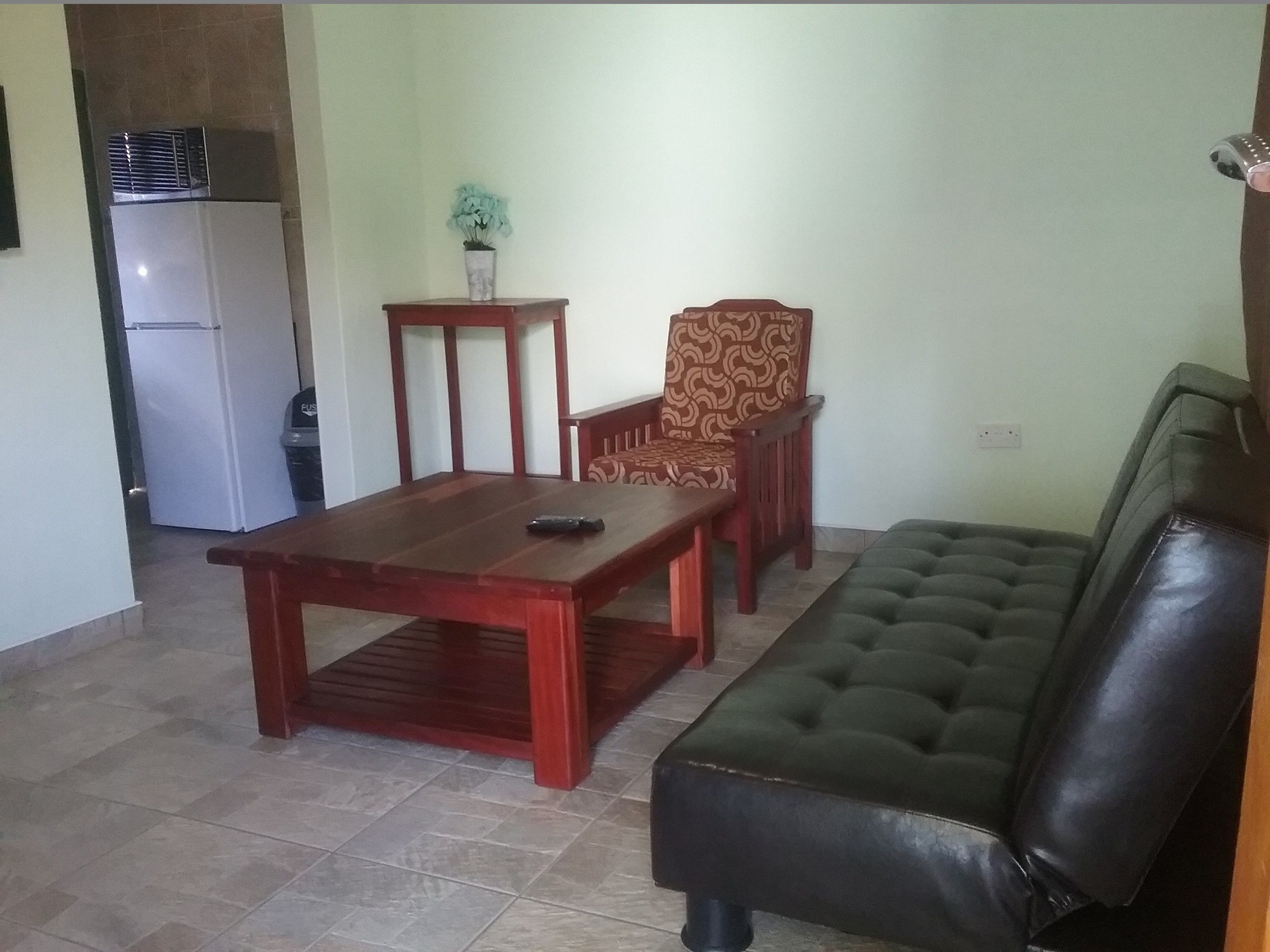 A living room with a wooden dining table, two chairs, a sofa, and a small table with a plant.