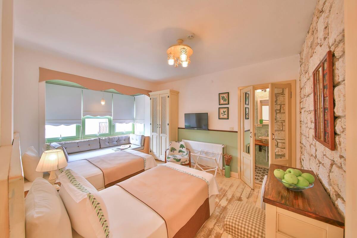 A bedroom with two beds, a TV, a radiator, and a stone wall.