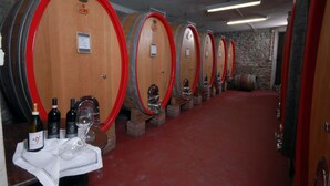 Una fila de barricas de madera con aros rojos, cada una marcada con un número.