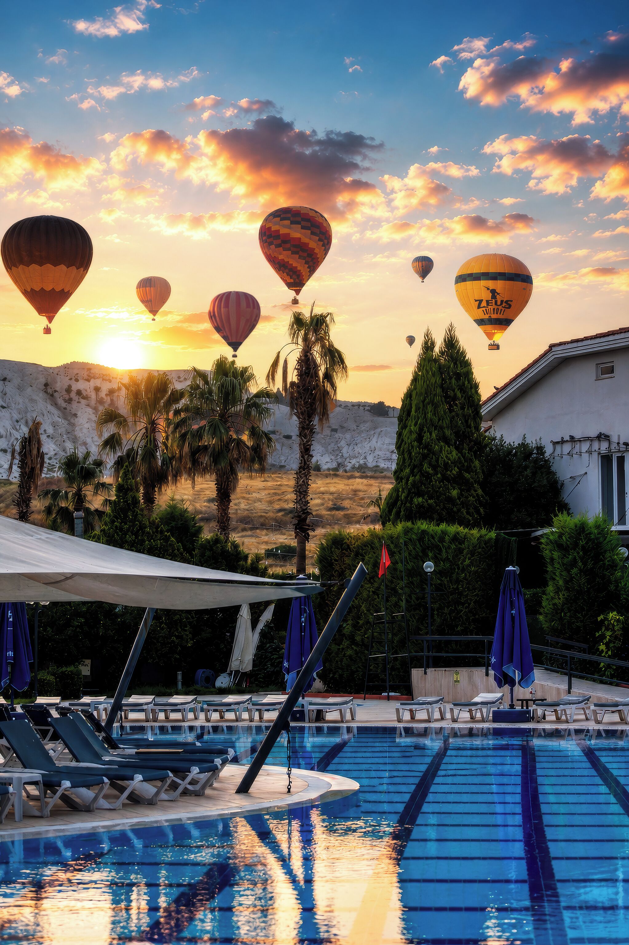 A pool area with lounge chairs and umbrellas, surrounded by a desert landscape with hot air balloons in the sky.